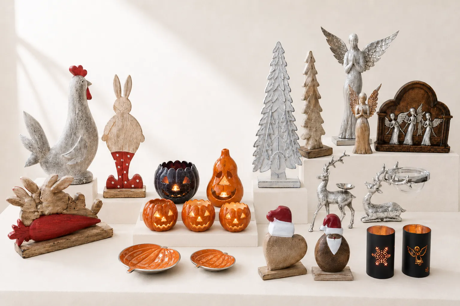 Seasonal and holiday decor: figures, trees, lanterns and table pieces.