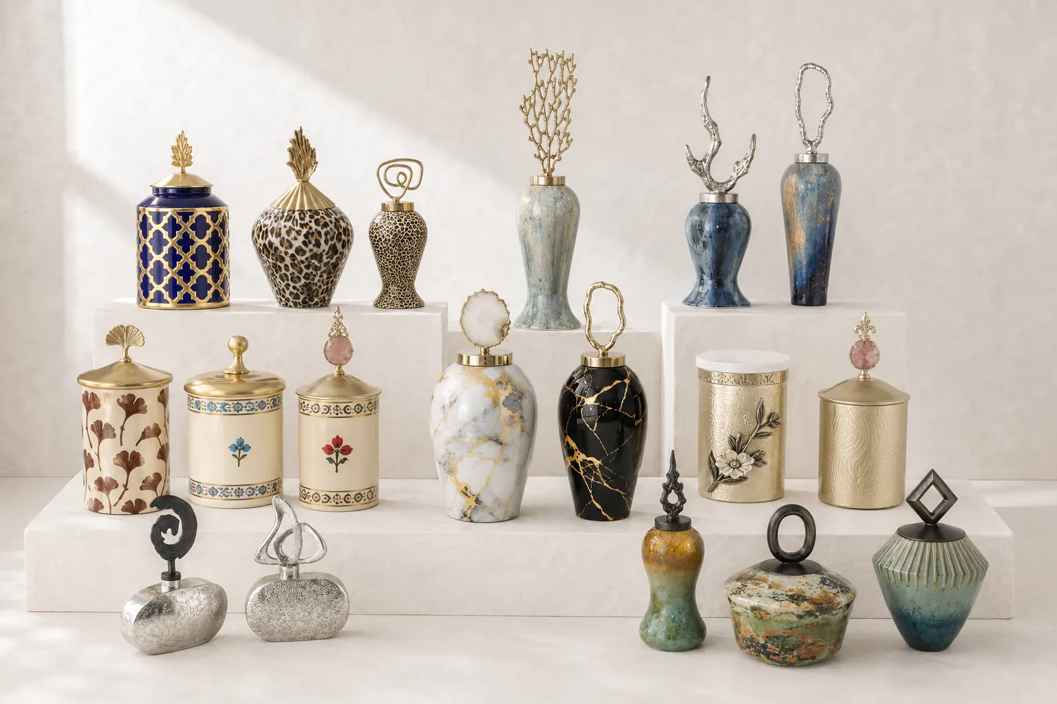 Decorative lidded jars in enamel, patterned and metallic finishes.