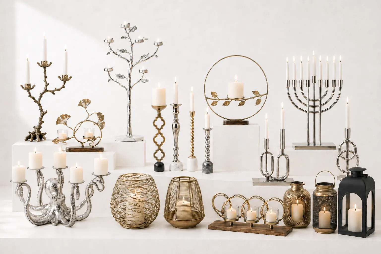 Candleholders, branching candelabra and hurricane lanterns.