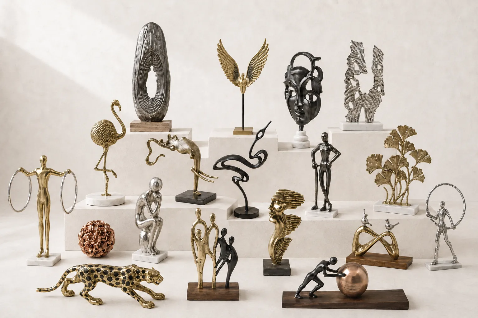 Sculptural objects in brass and dark patinated metal.