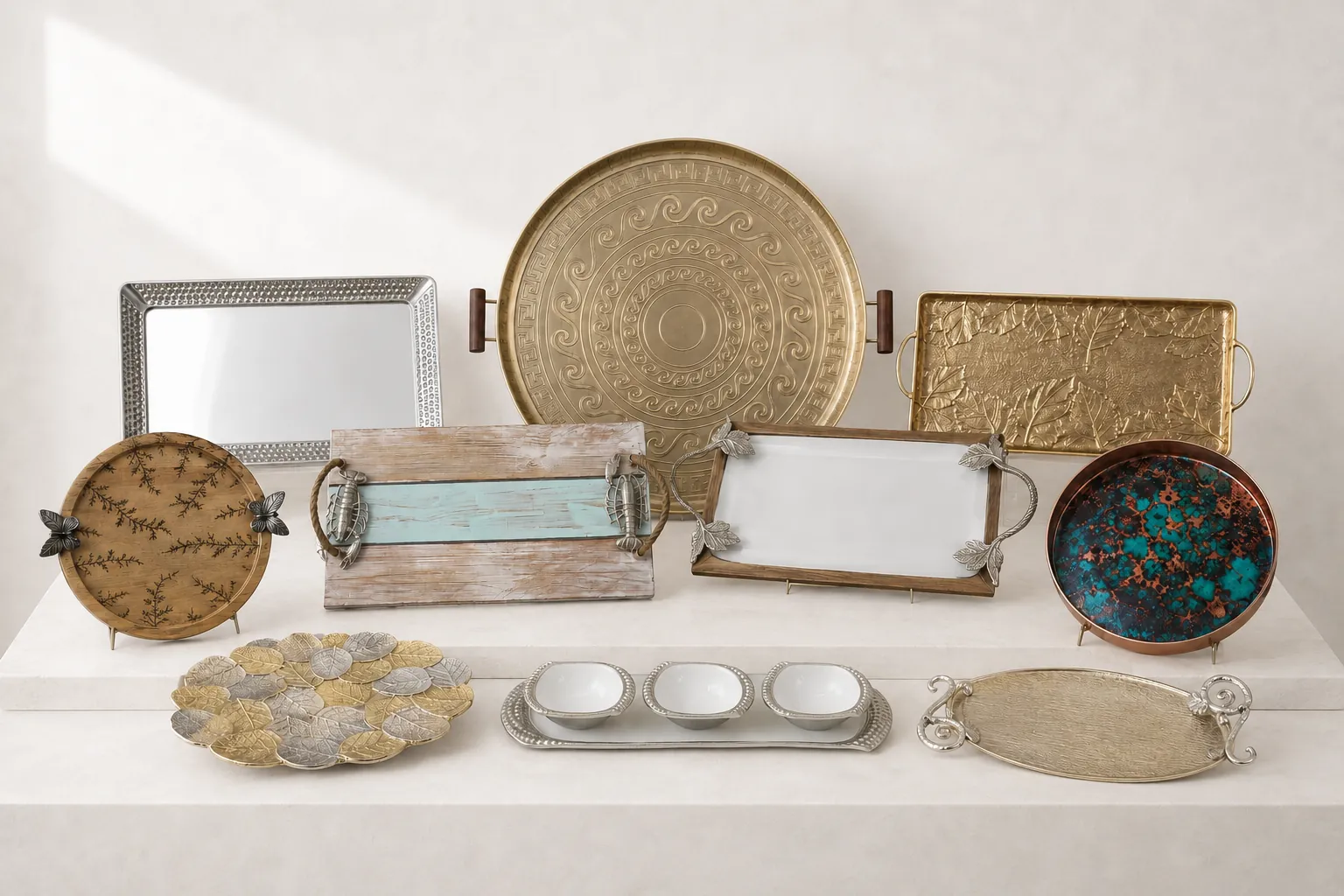 Serveware: engraved chargers, rectangular platters and mirrored trays.