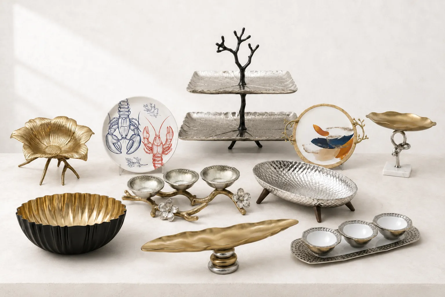 Tabletop pieces: footed bowls, shallow dishes, covered servers and small trays.