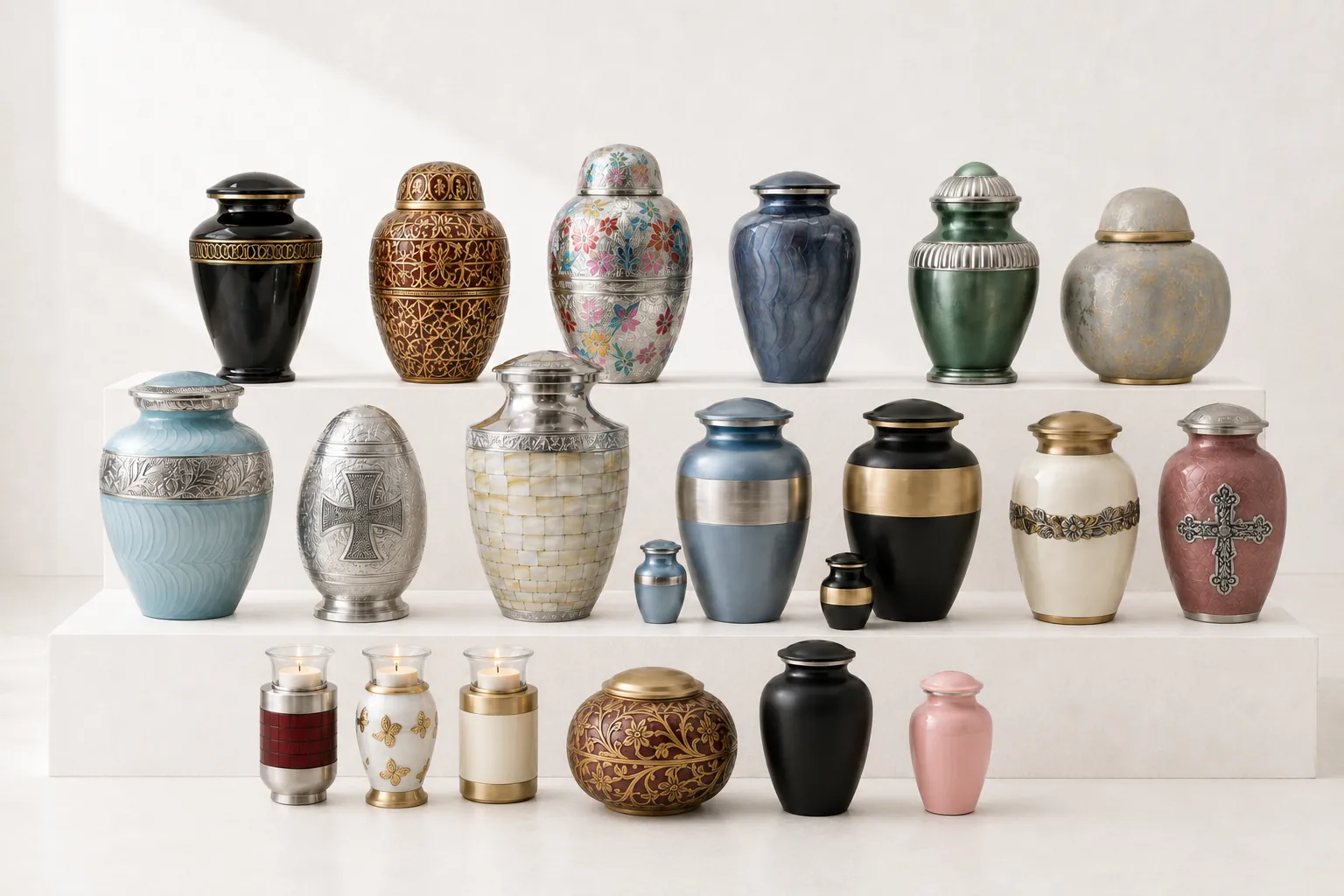 Cremation urns in a range of finishes, patterns and sizes.