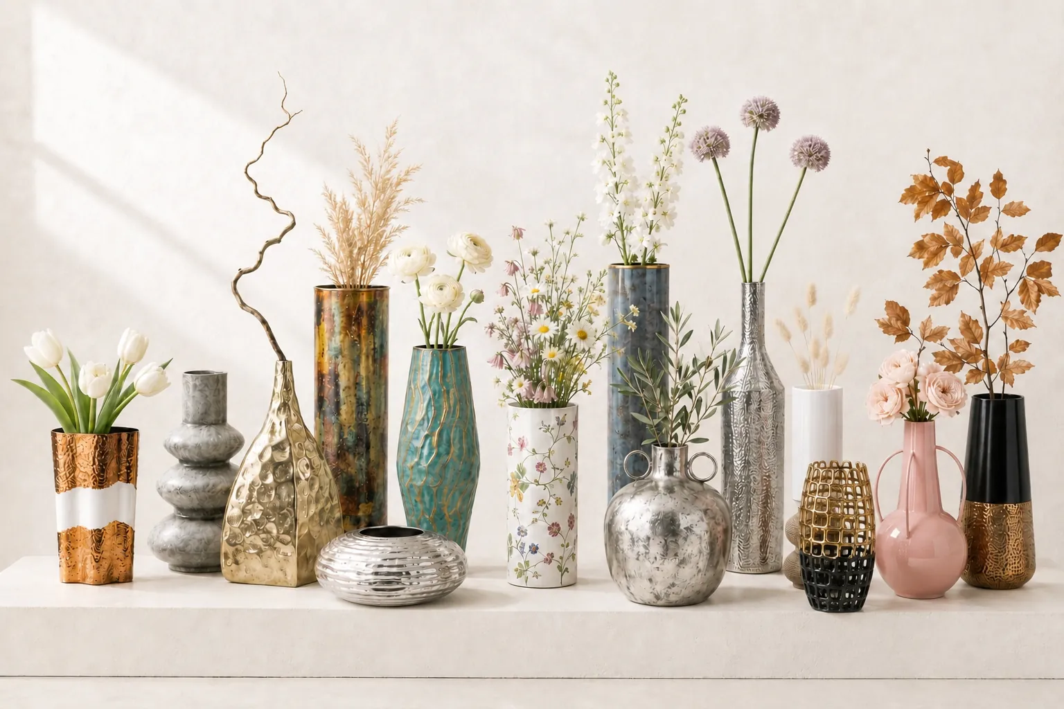 Vases in varied silhouettes and finishes.